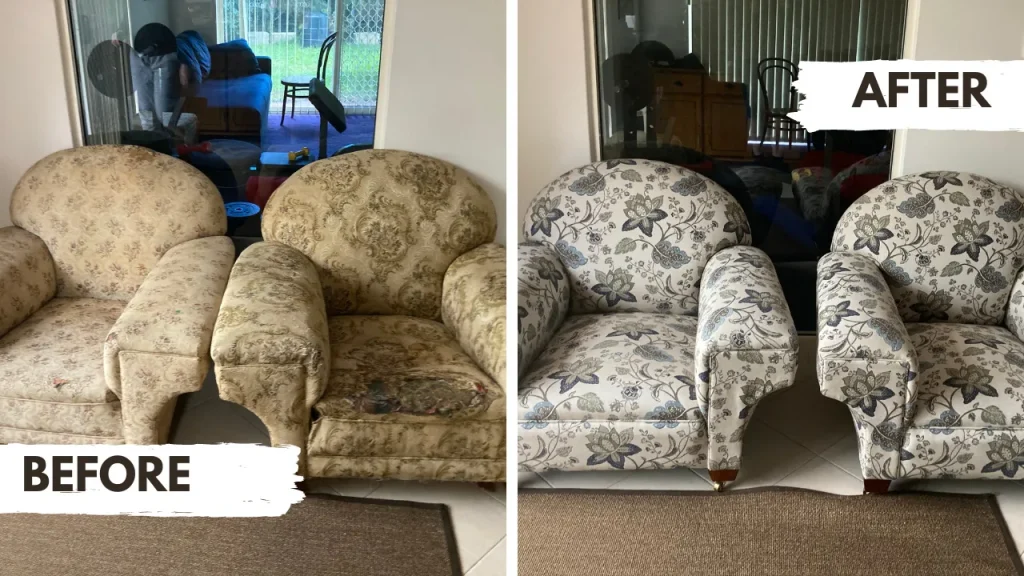 Before and after images of a couch restored by Southside Upholstery.