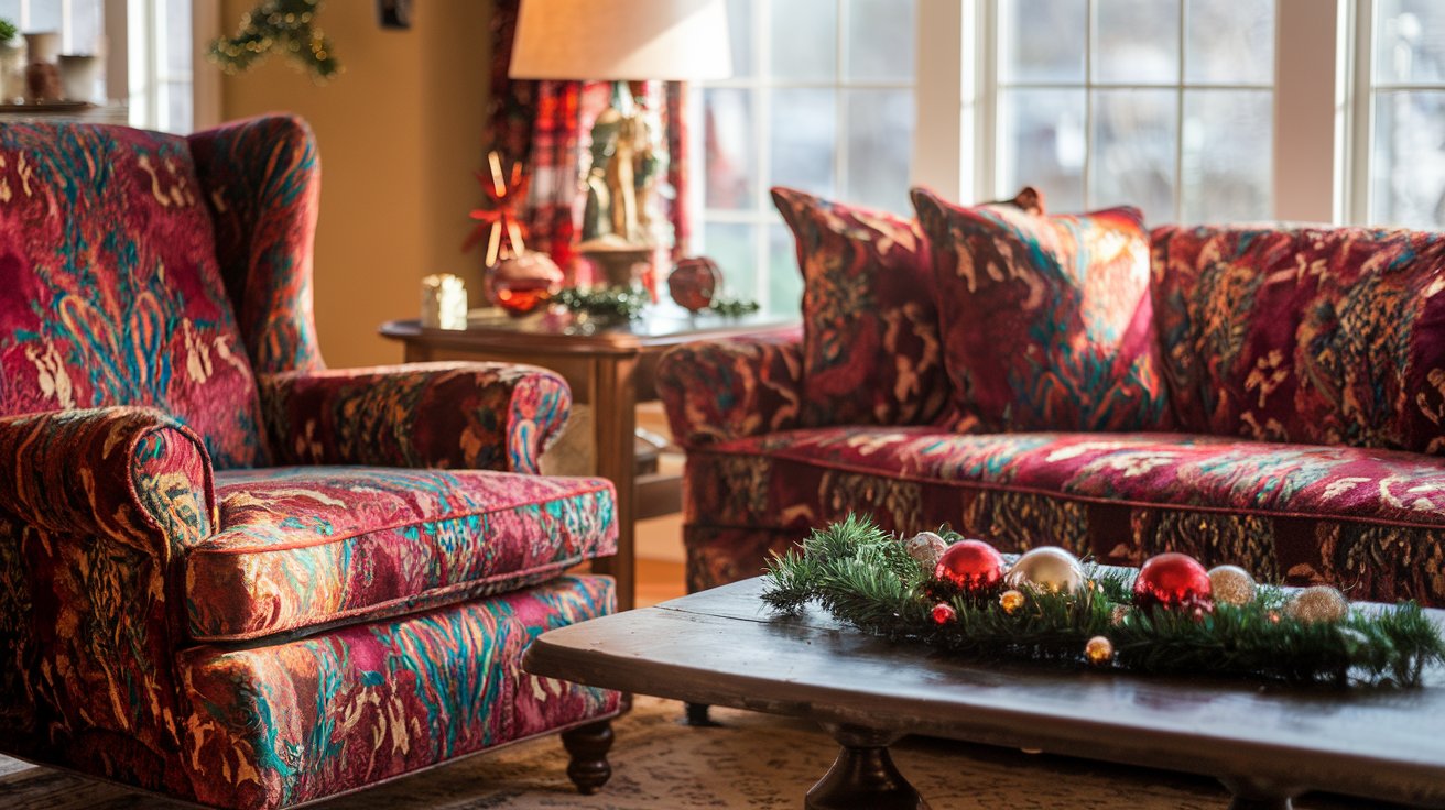Cozy living room featuring a reupholstered armchair in vibrant fabric, a plush sofa with matching cushions, and a coffee table adorned with holiday ornaments, lit by warm sunlight.