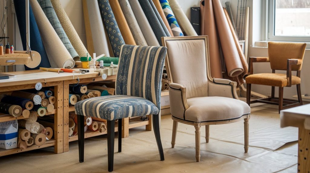 An upholstery workshop featuring fabric rolls, wooden chair frames, and sewing tools. A reupholstered chair with eco-friendly fabric stands beside a worn-out version, showcasing sustainable craftsmanship in warm, natural lighting.