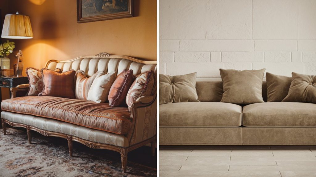 A side-by-side comparison of two sofas: a beautifully reupholstered piece with elegant fabric and plush cushions versus a mass-produced, generic couch with a plain design. Warm lighting contrasts with a showroom-like atmosphere to highlight quality differences.