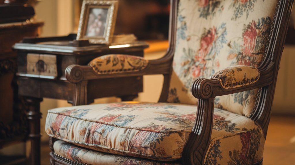 A vintage armchair with intricate wooden details and faded floral upholstery sits beside a small wooden side table with an old family photo. Warm lighting enhances the nostalgic charm of this well-loved heirloom piece.
