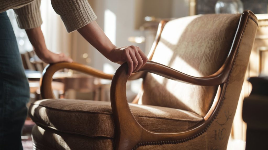 A vintage wooden armchair with curved armrests and faded upholstery sits in a cozy, well-lit living room. Warm tones and soft shadows highlight the chair's sturdy craftsmanship, emphasizing its long-lasting durability.
