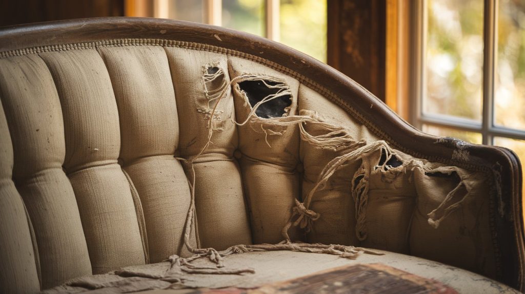 A close-up of an old upholstered couch with faded, torn fabric and exposed stuffing. Natural light from a nearby window enhances the details of the worn-out texture, highlighting the need for restoration.