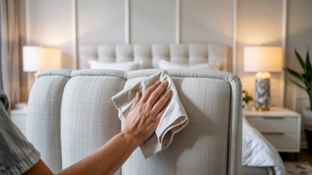 Gentle cleaning of a custom upholstered headboard in a Perth home.
