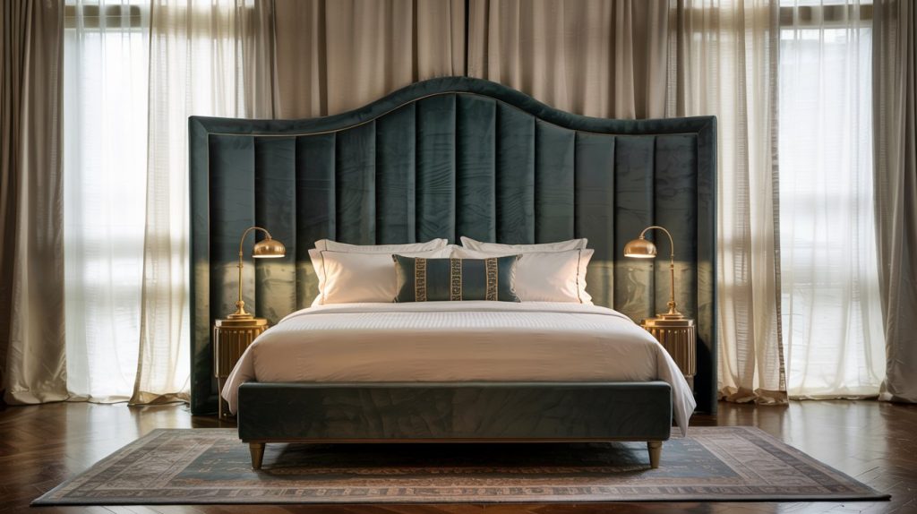 Luxurious velvet upholstered headboard enhancing bedroom decor