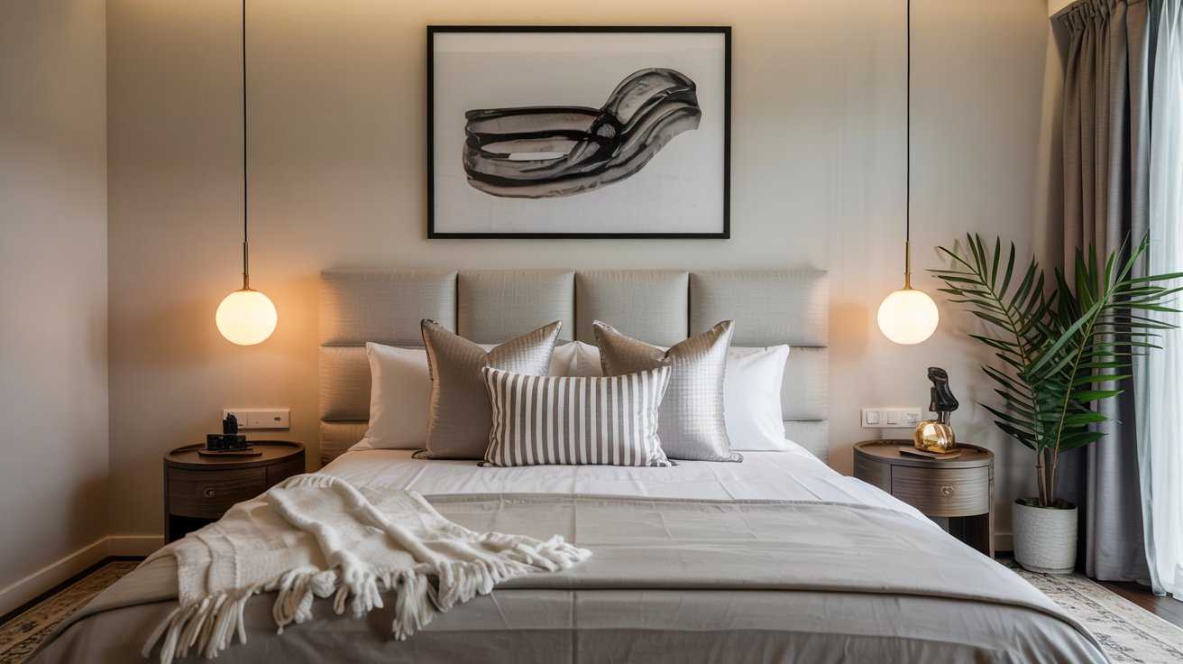 Elegant bedroom with upholstered headboard in a stylish Perth home.